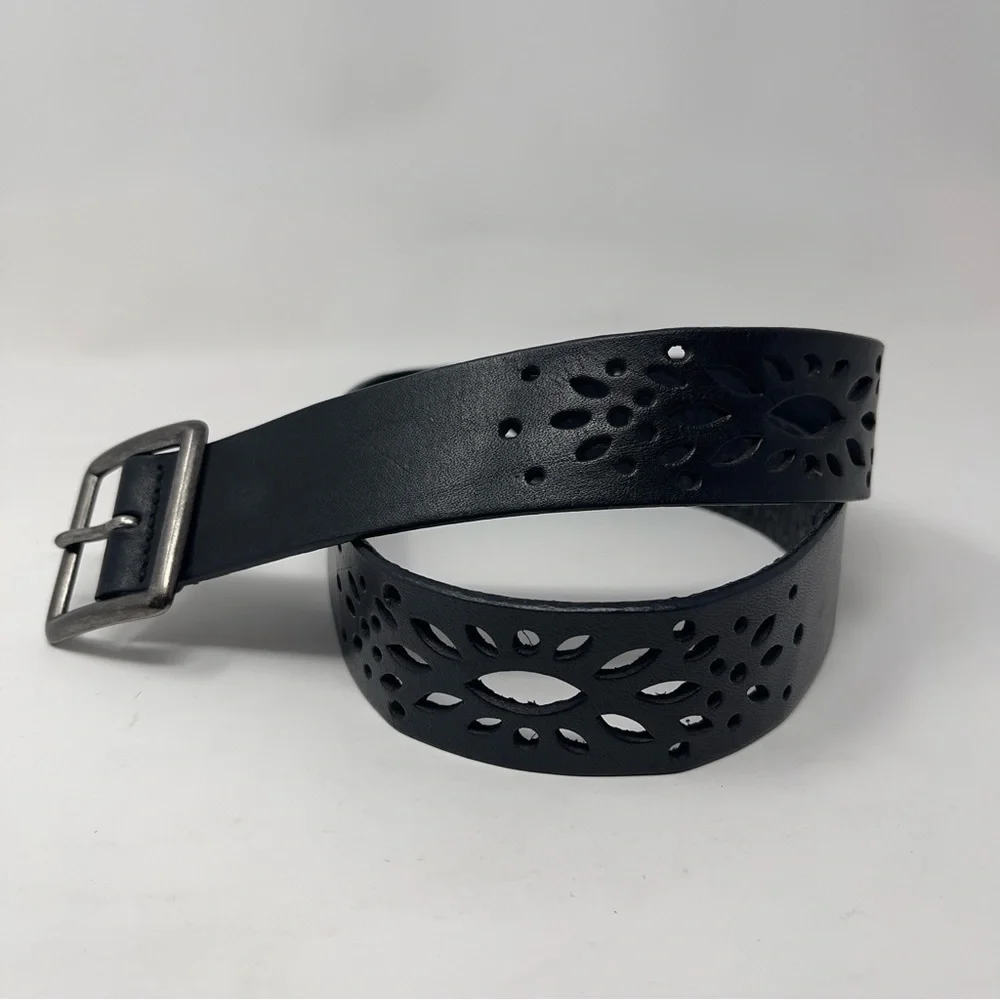 Express Black Cutout Leather Belt | Western Boho Laser Cut |‎ Silver Buckle